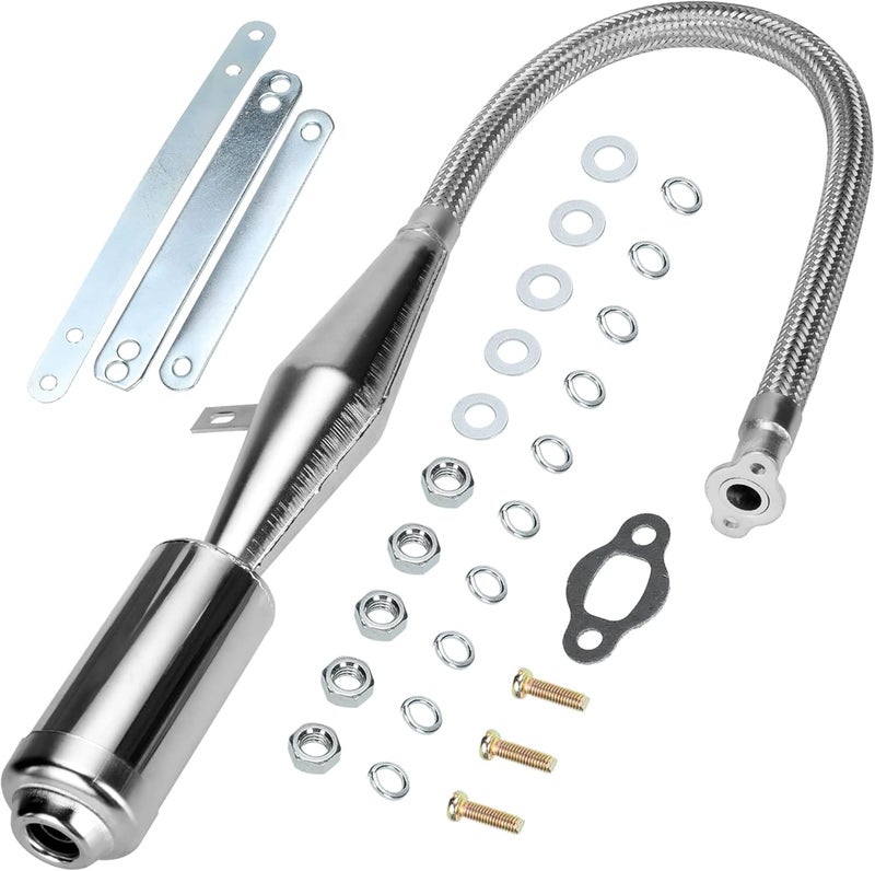 FVRITO أنبوب كاتم صوت مرن من فاير مع ملحقات لمحرك 2 ضربات 49cc 60cc 66cc 80cc 100cc دراجة نارية أجزاء دراجة هوائية فضي - Image 1